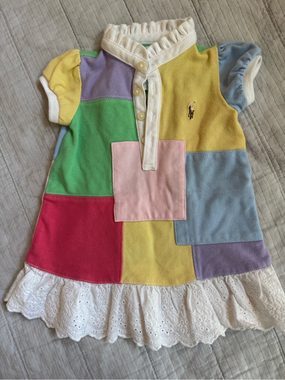 Ralph Lauren Multi-Color Patchwork Polo Dress with Eyelet Hem